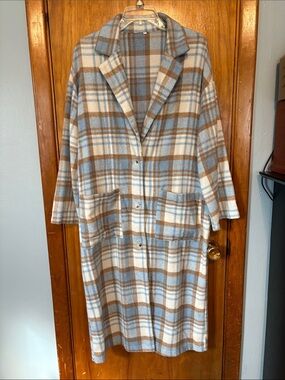 Plaid Long Button Fall Coat With Pockets in Blue, Brown & White - Size S